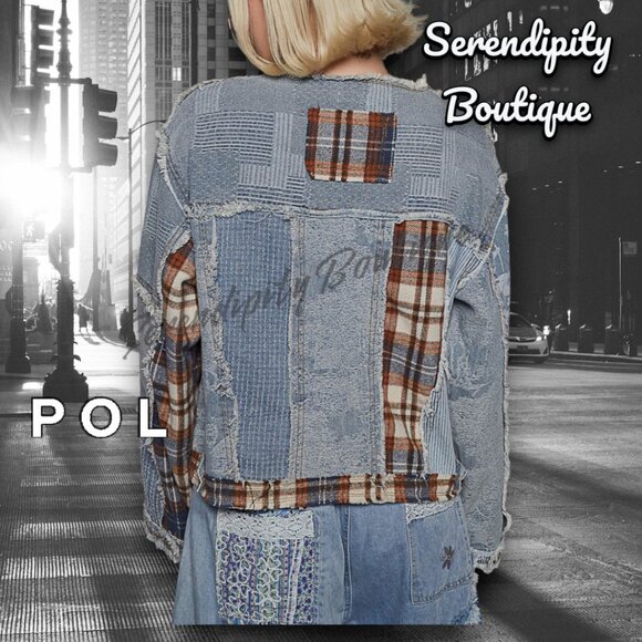 POL Distressed Grunge Denim Flanel Plaid Patch Zipper Front Street Jean Jacket - Picture 6 of 11